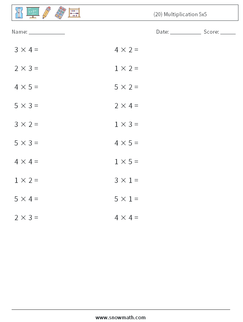 (20) Multiplication 5x5 Maths Worksheets 9