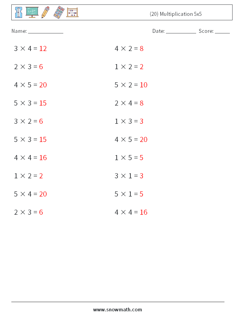 (20) Multiplication 5x5 Maths Worksheets 9 Question, Answer