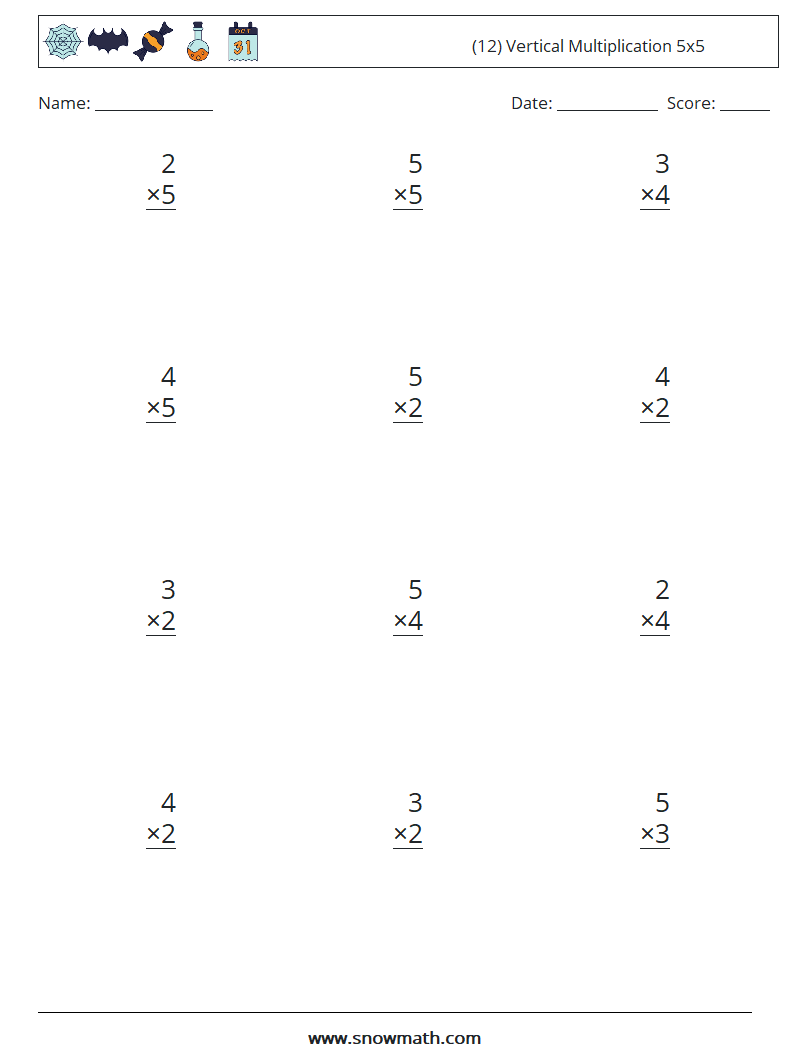 (12) Vertical Multiplication 5x5 Maths Worksheets 6