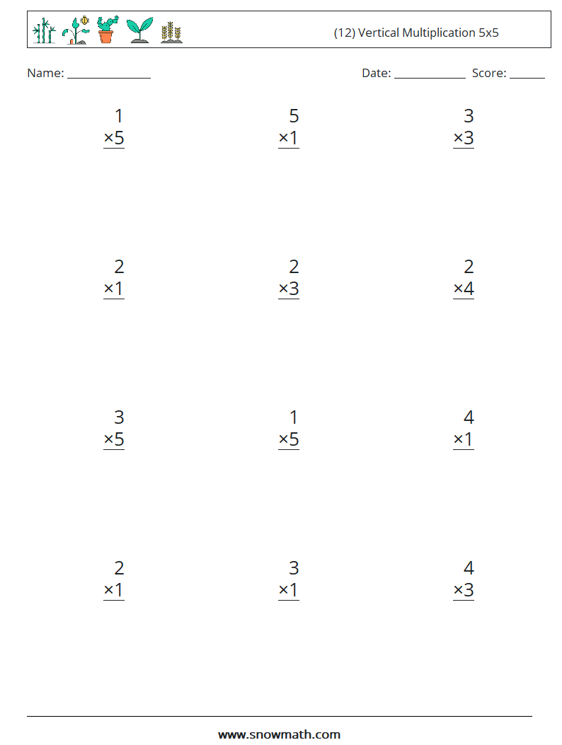 (12) Vertical Multiplication 5x5 Maths Worksheets 7