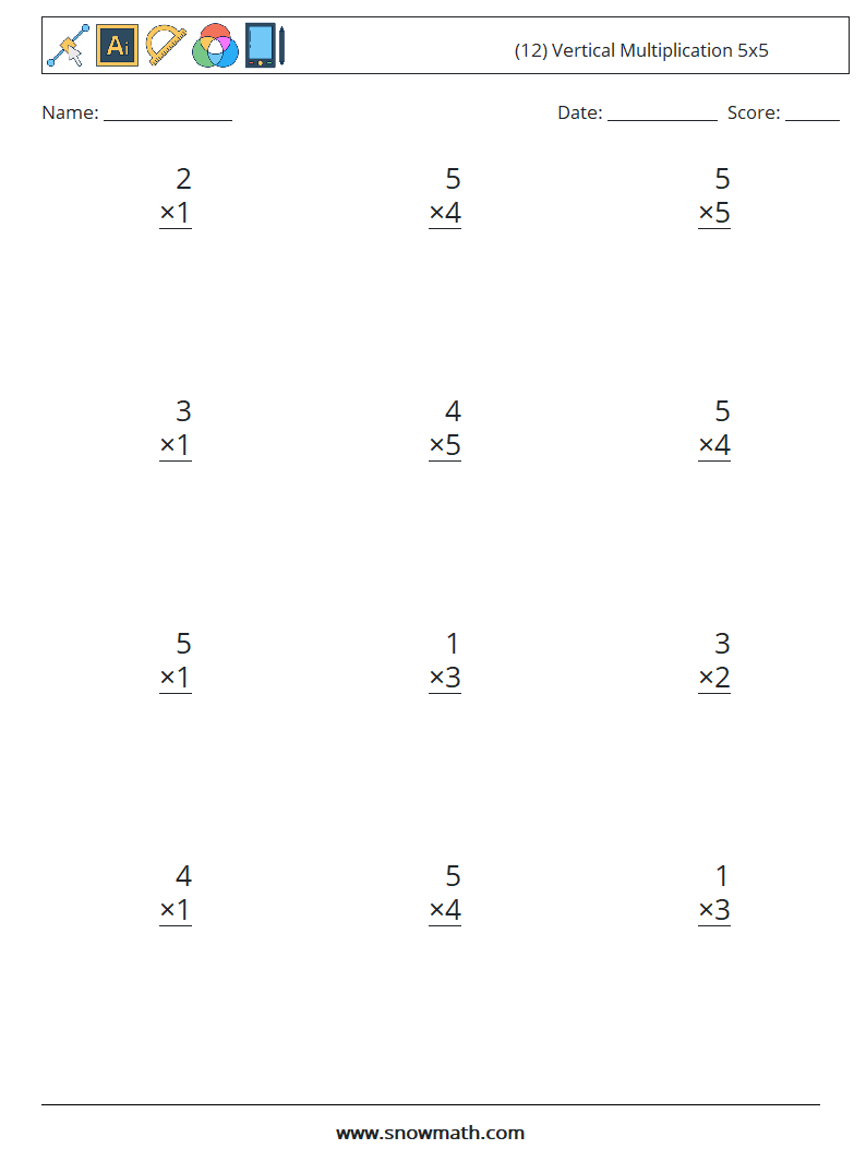 (12) Vertical Multiplication 5x5 Maths Worksheets 8