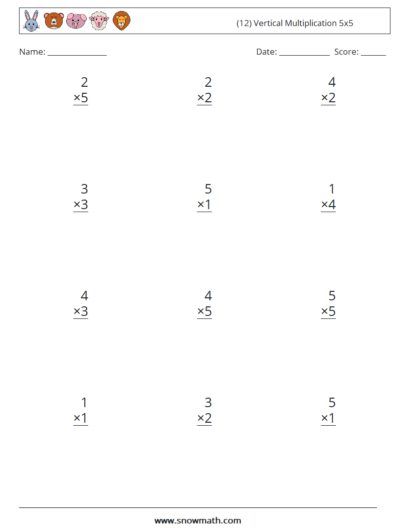 (12) Vertical Multiplication 5x5 Maths Worksheets 9