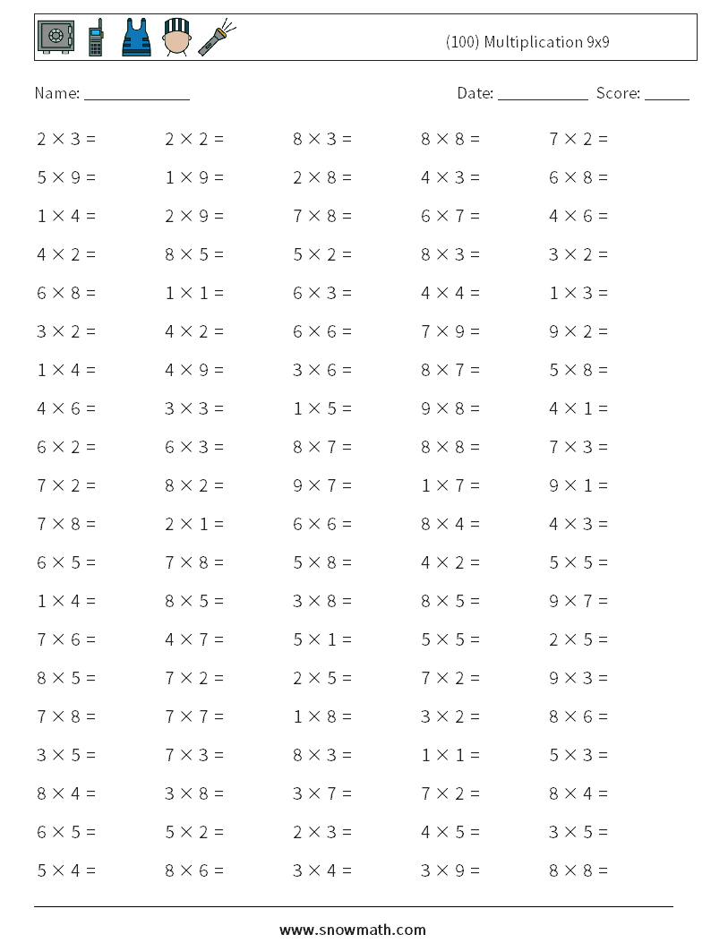 (100) Multiplication 9x9  Maths Worksheets 1