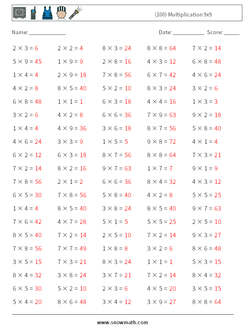 (100) Multiplication 9x9  Maths Worksheets 1 Question, Answer