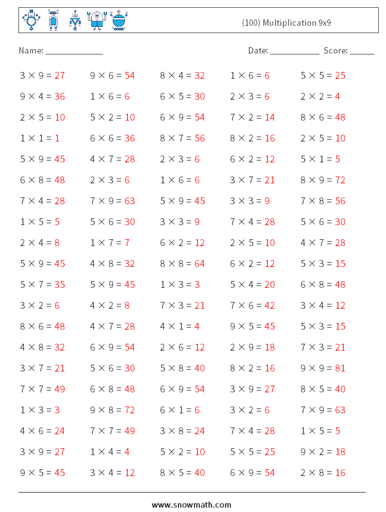 (100) Multiplication 9x9  Maths Worksheets 2 Question, Answer