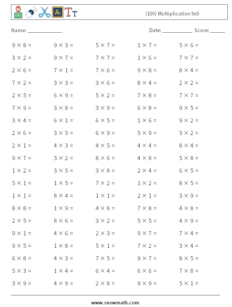 (100) Multiplication 9x9  Maths Worksheets 3