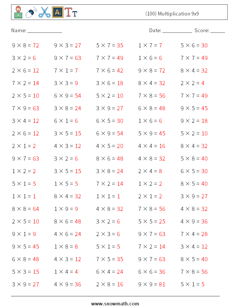 (100) Multiplication 9x9  Maths Worksheets 3 Question, Answer