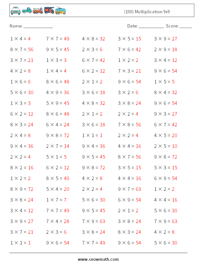 (100) Multiplication 9x9  Maths Worksheets 4 Question, Answer