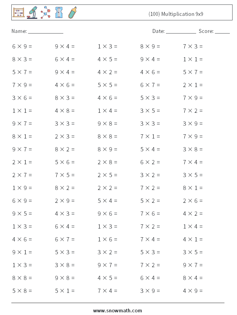 (100) Multiplication 9x9  Maths Worksheets 5