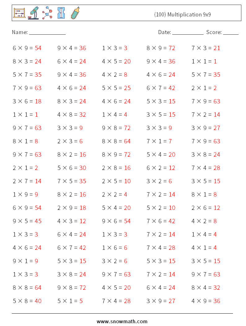 (100) Multiplication 9x9  Maths Worksheets 5 Question, Answer