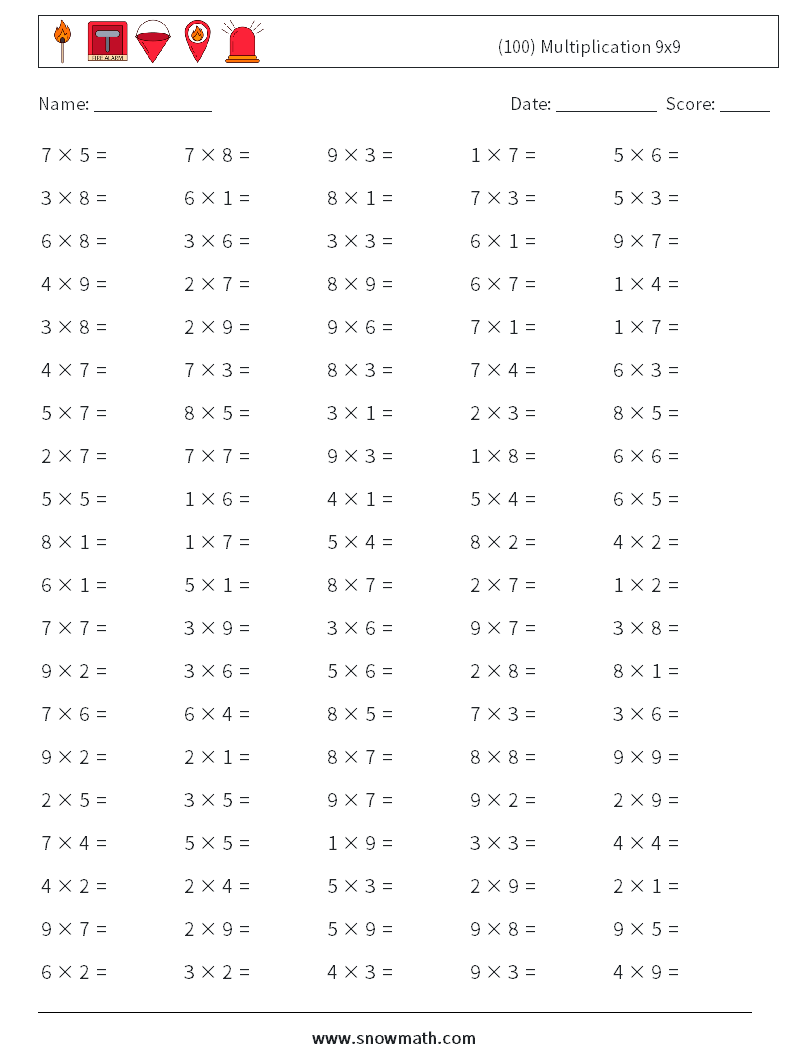 (100) Multiplication 9x9  Maths Worksheets 6