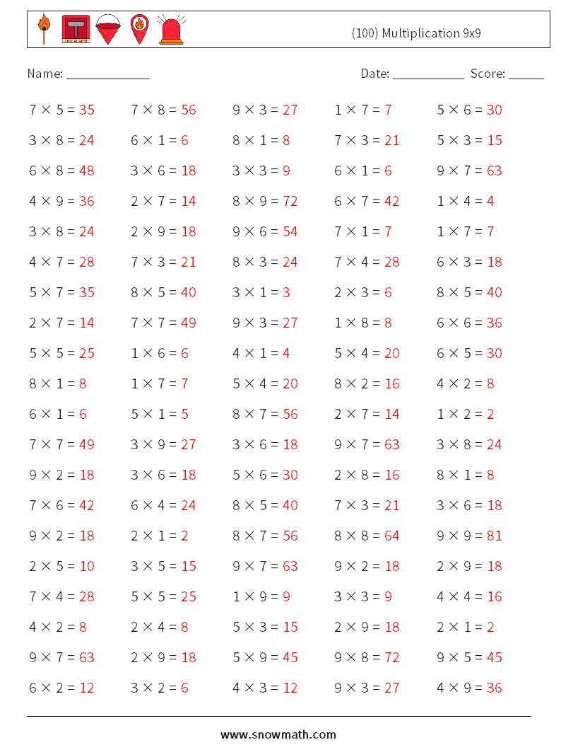 (100) Multiplication 9x9  Maths Worksheets 6 Question, Answer