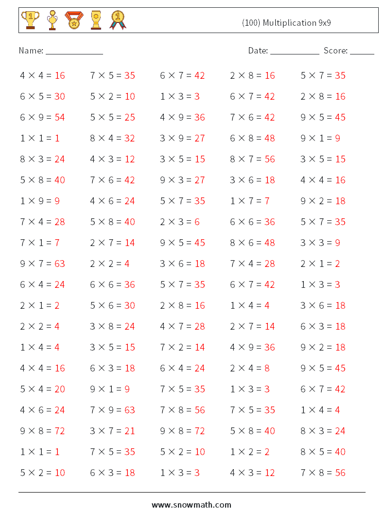 (100) Multiplication 9x9  Maths Worksheets 7 Question, Answer