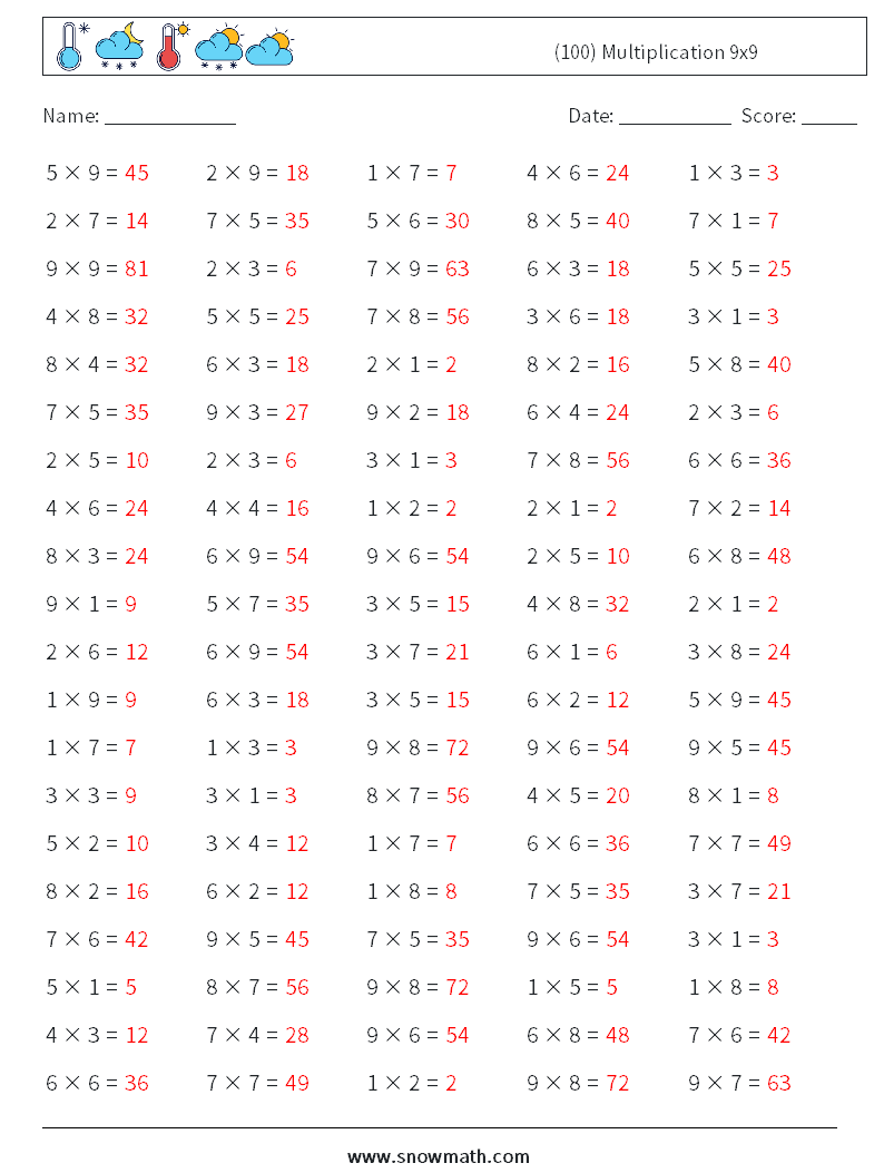 (100) Multiplication 9x9  Maths Worksheets 8 Question, Answer