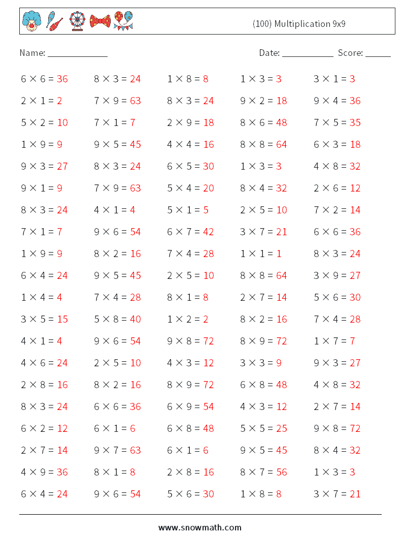 (100) Multiplication 9x9  Maths Worksheets 9 Question, Answer