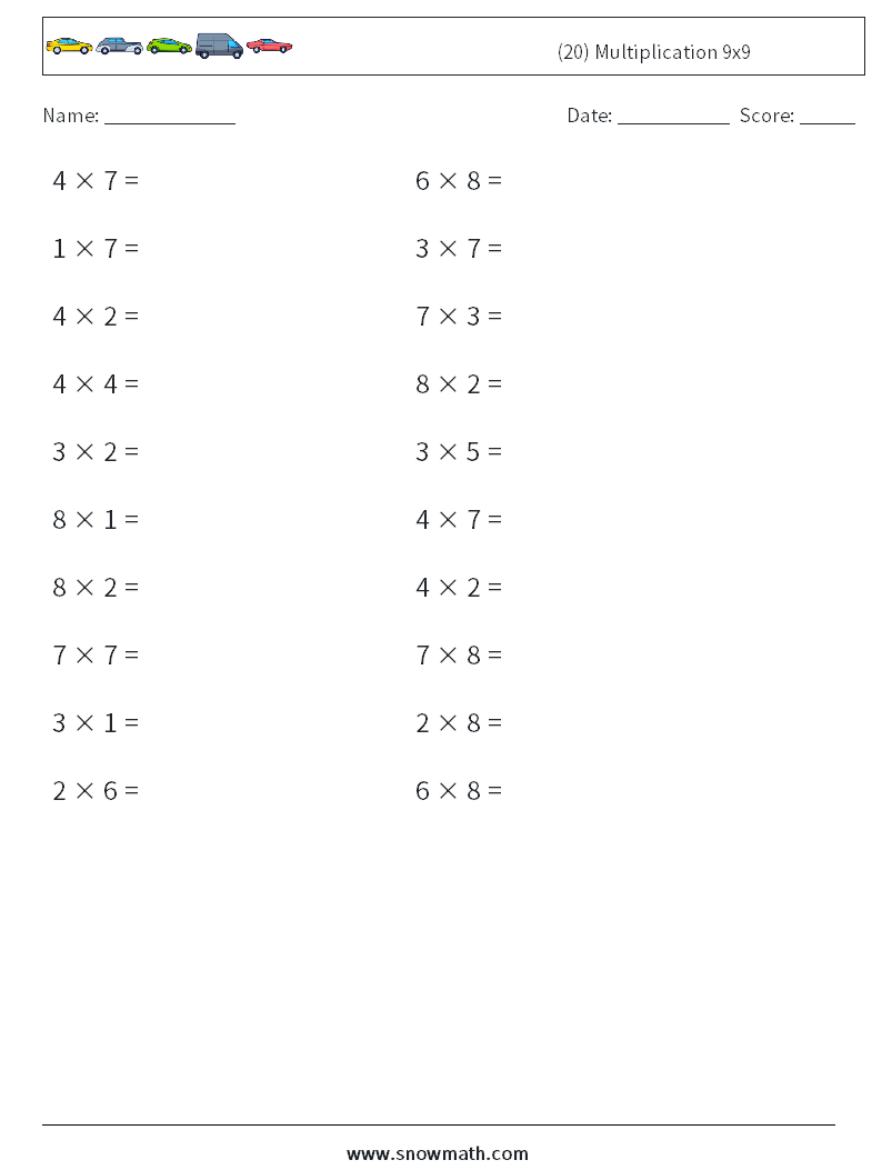 (20) Multiplication 9x9  Maths Worksheets 7