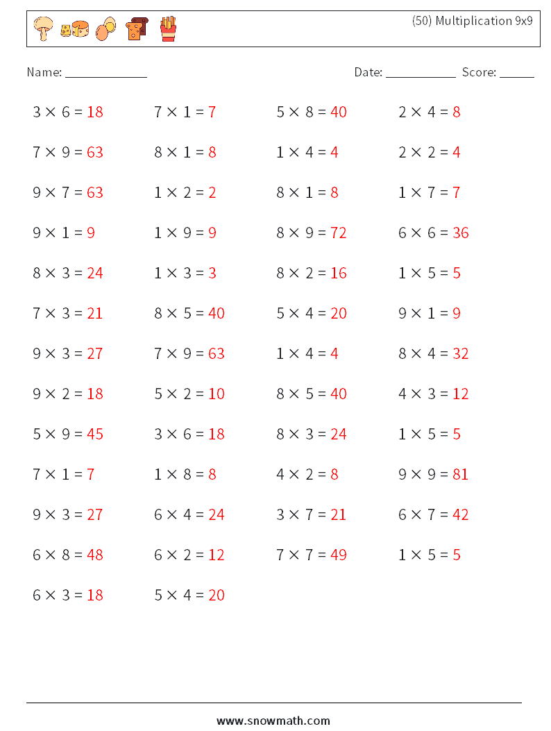 (50) Multiplication 9x9  Maths Worksheets 1 Question, Answer