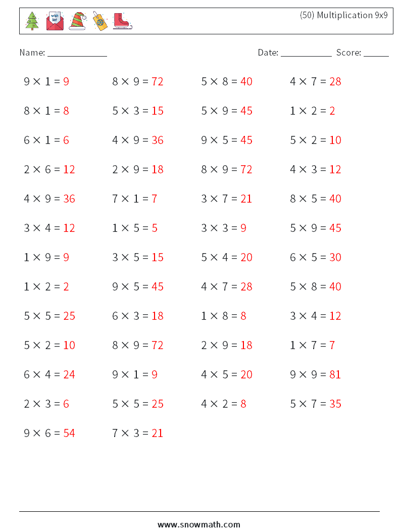(50) Multiplication 9x9  Maths Worksheets 2 Question, Answer