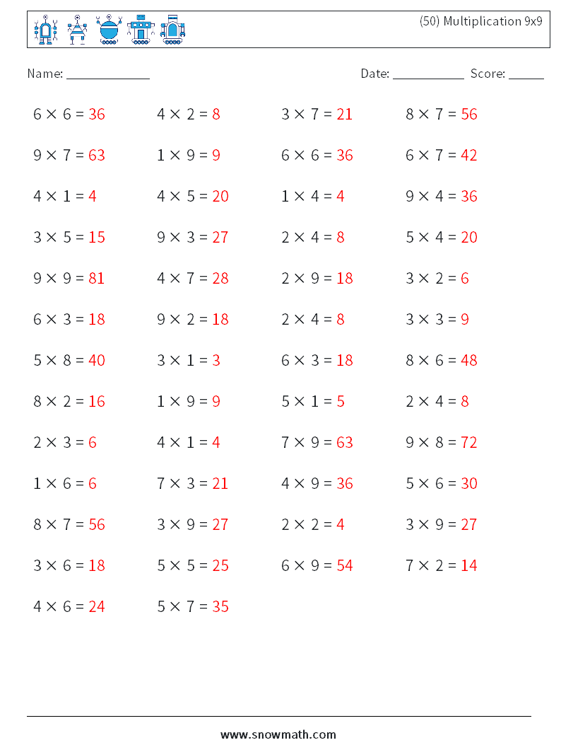 (50) Multiplication 9x9  Maths Worksheets 3 Question, Answer