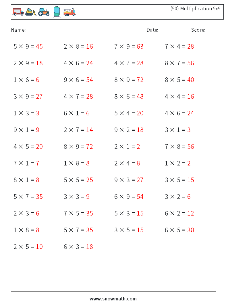 (50) Multiplication 9x9  Maths Worksheets 4 Question, Answer