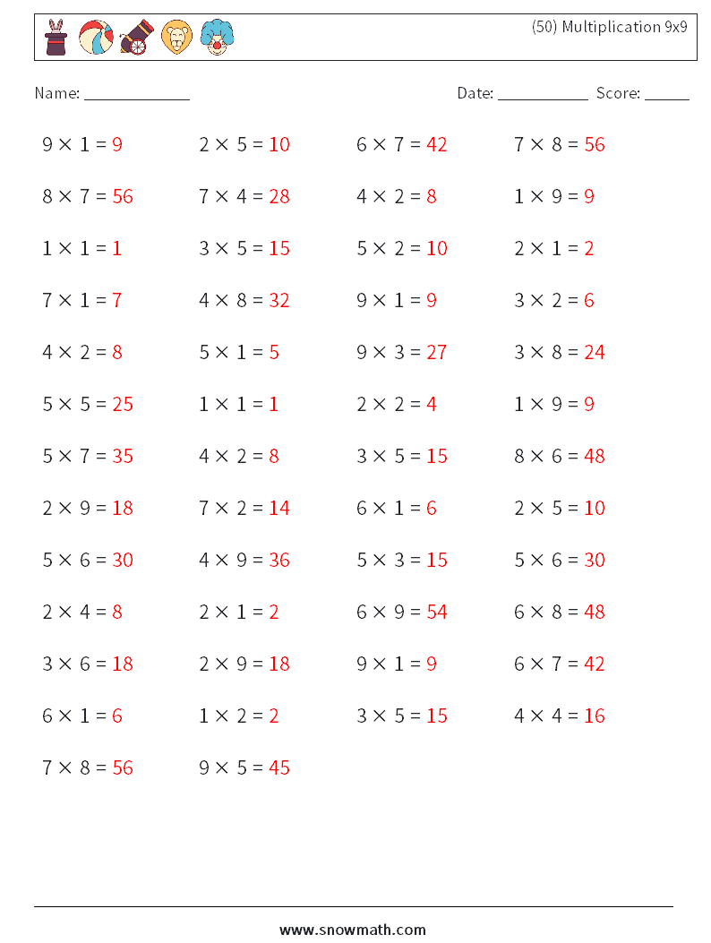 (50) Multiplication 9x9  Maths Worksheets 5 Question, Answer