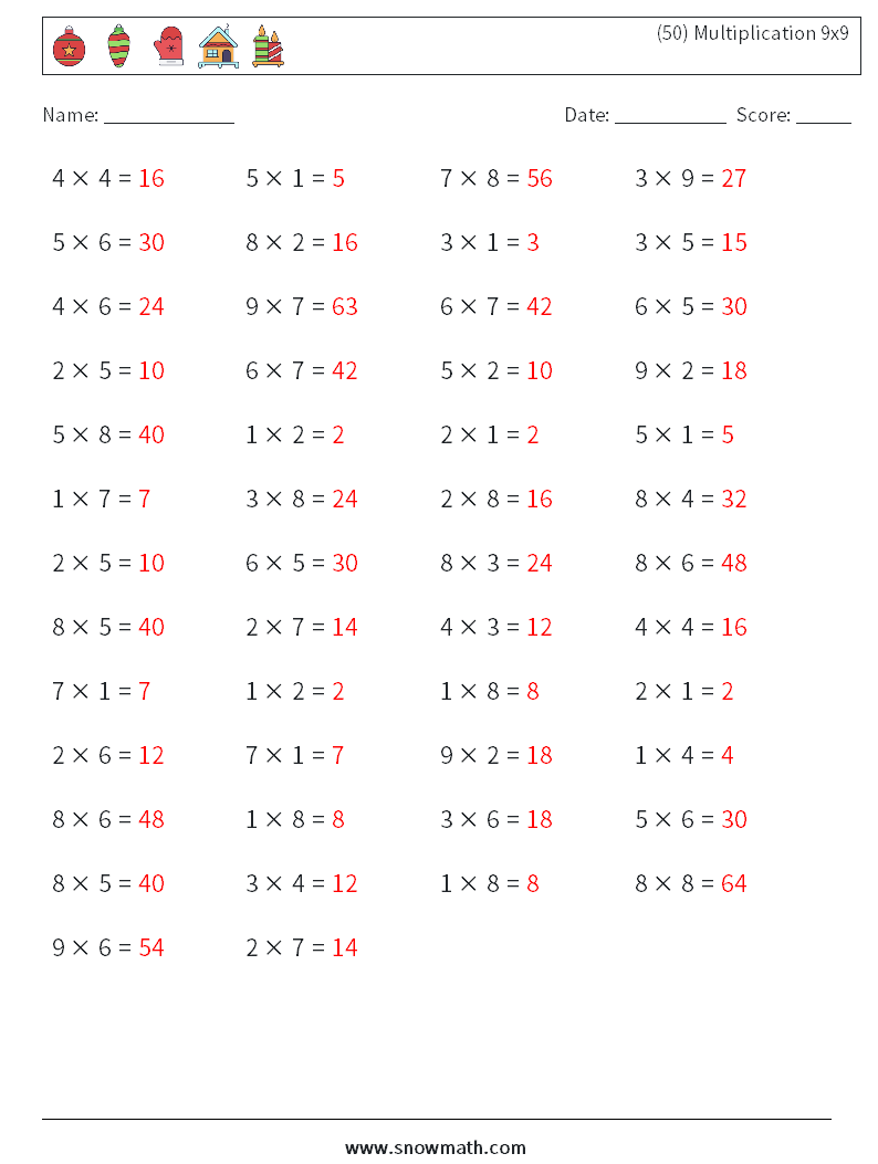 (50) Multiplication 9x9  Maths Worksheets 6 Question, Answer