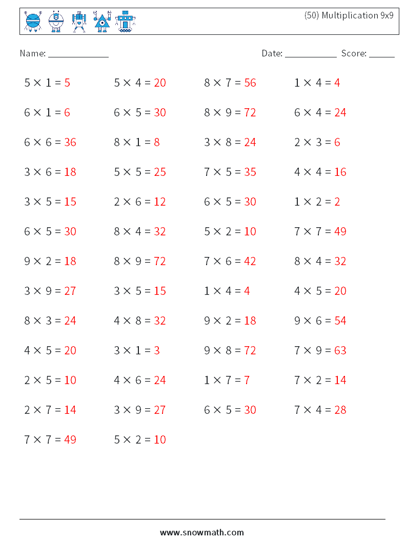 (50) Multiplication 9x9  Maths Worksheets 7 Question, Answer