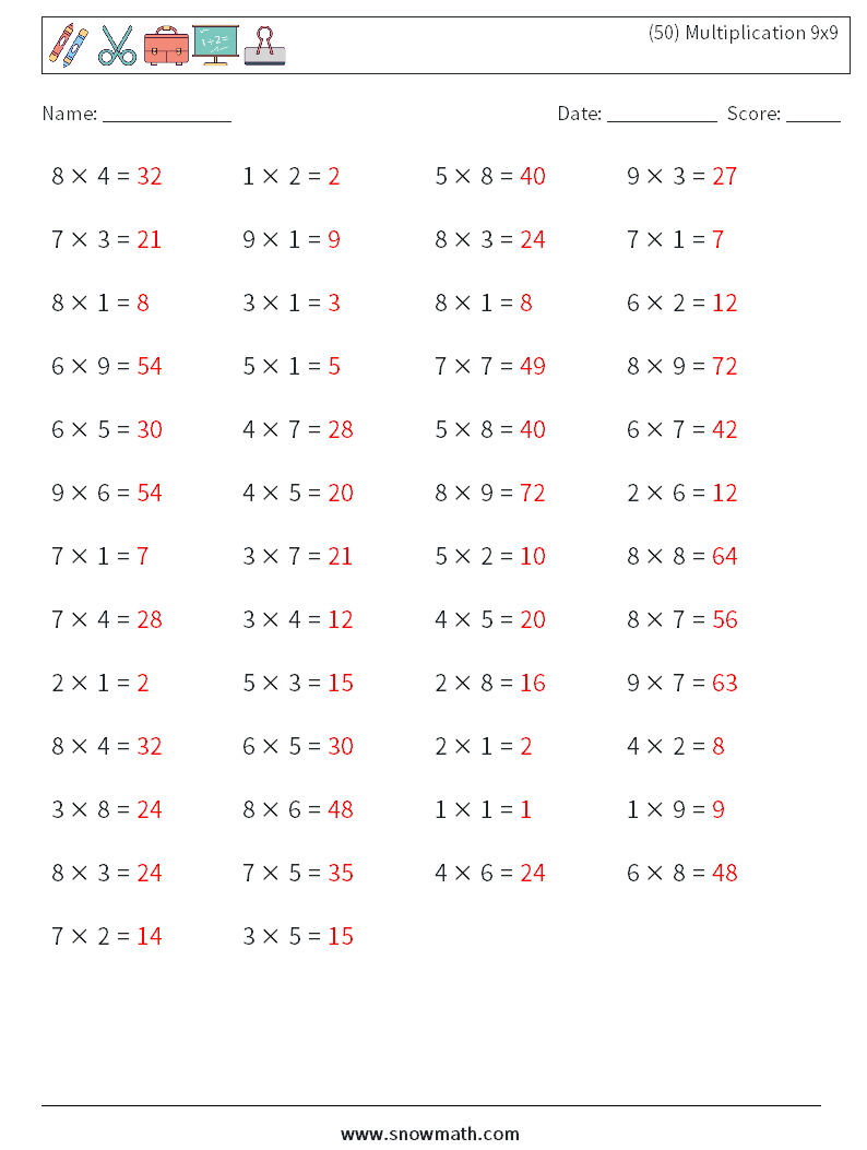 (50) Multiplication 9x9  Maths Worksheets 8 Question, Answer