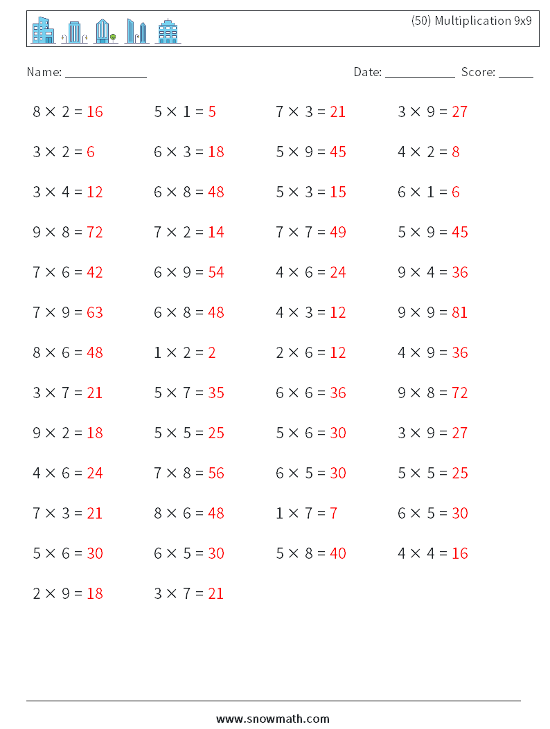 (50) Multiplication 9x9  Maths Worksheets 9 Question, Answer