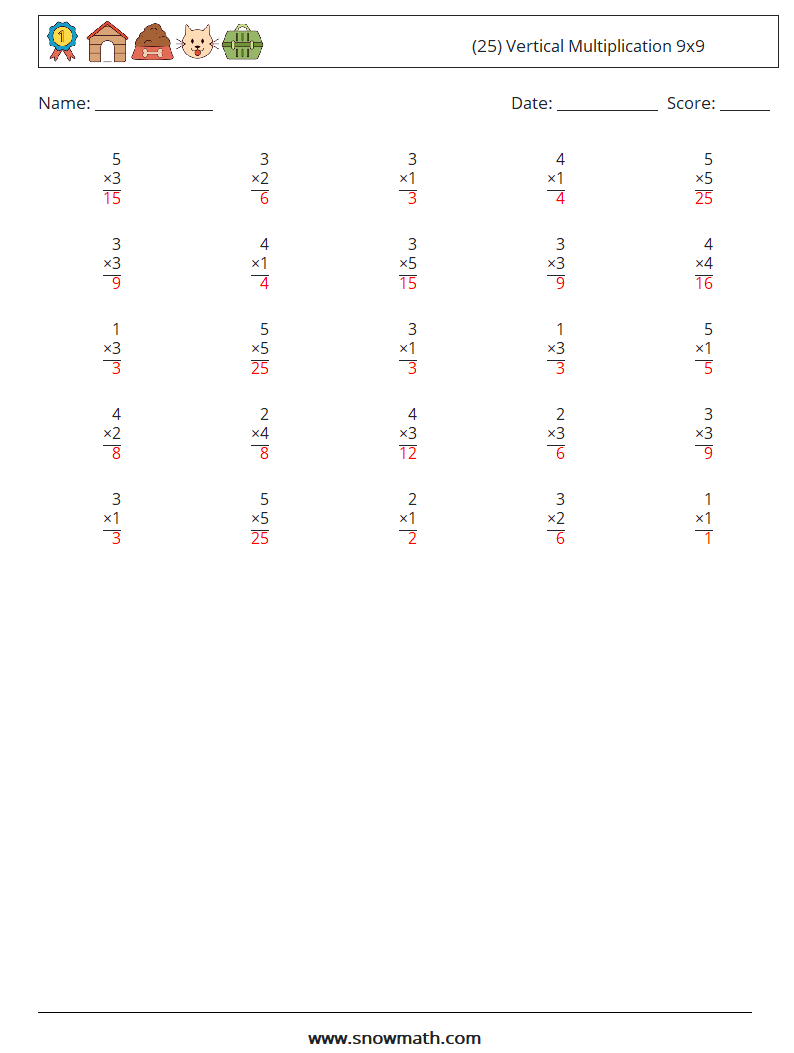 (25) Vertical Multiplication 9x9 Maths Worksheets 1 Question, Answer