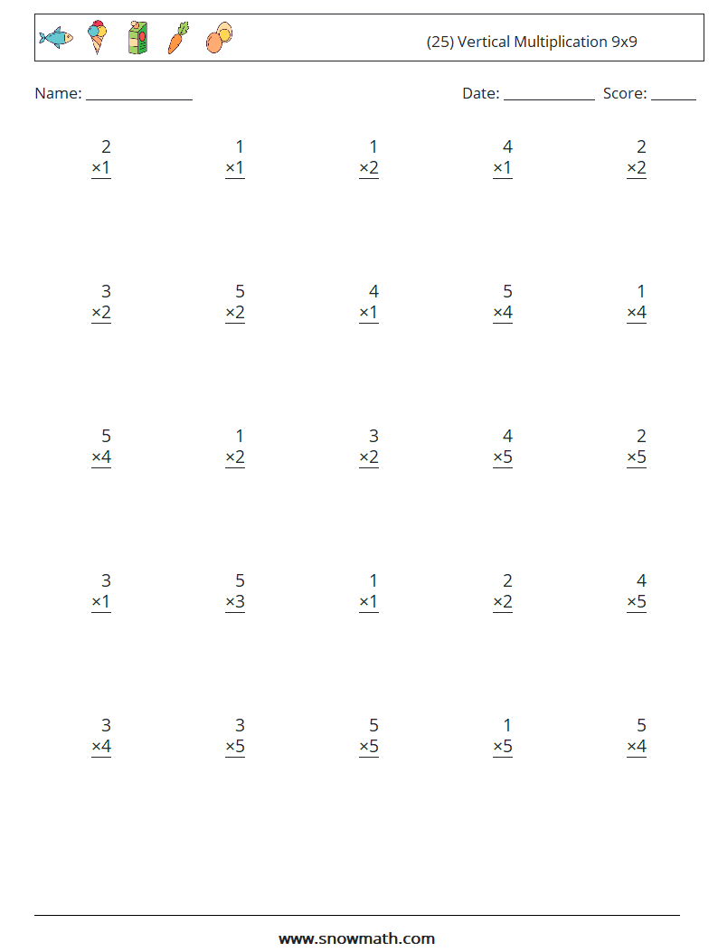 (25) Vertical Multiplication 9x9 Maths Worksheets 2