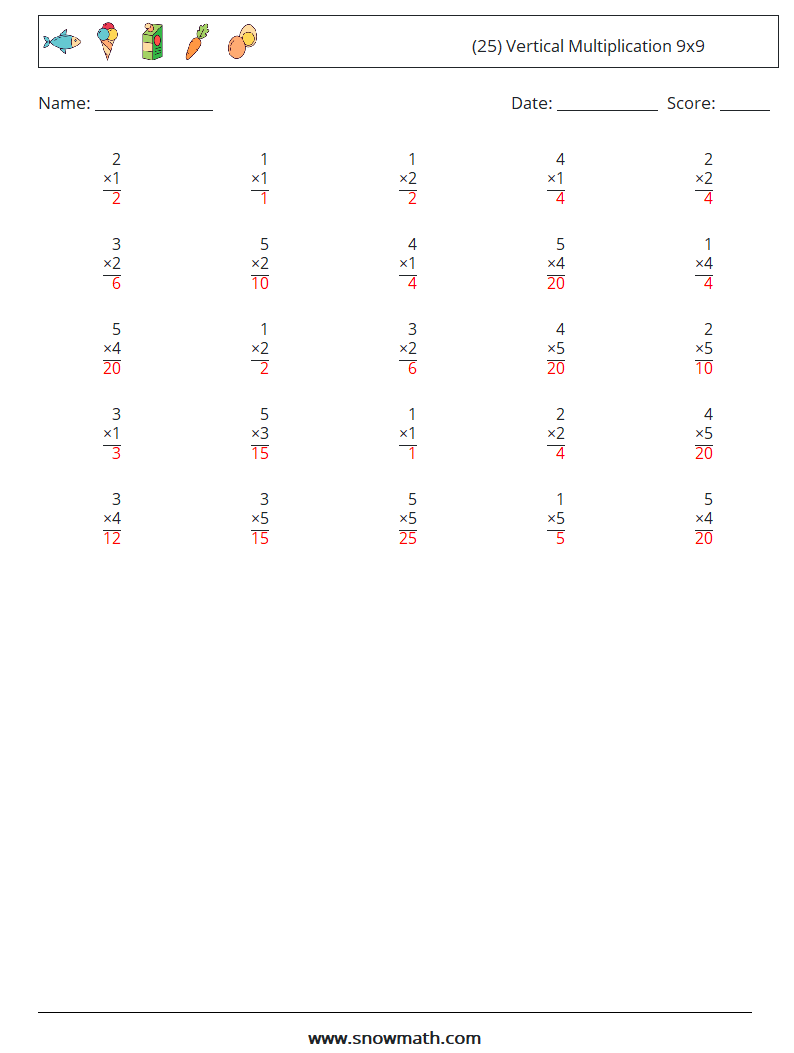 (25) Vertical Multiplication 9x9 Maths Worksheets 2 Question, Answer