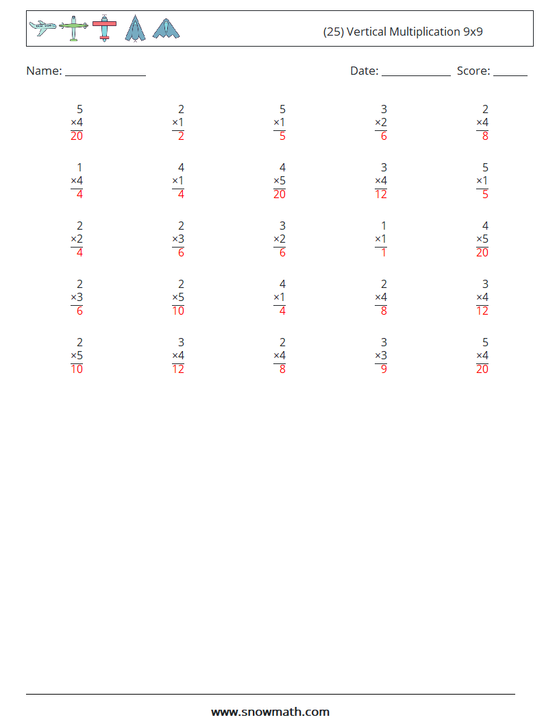 (25) Vertical Multiplication 9x9 Maths Worksheets 3 Question, Answer