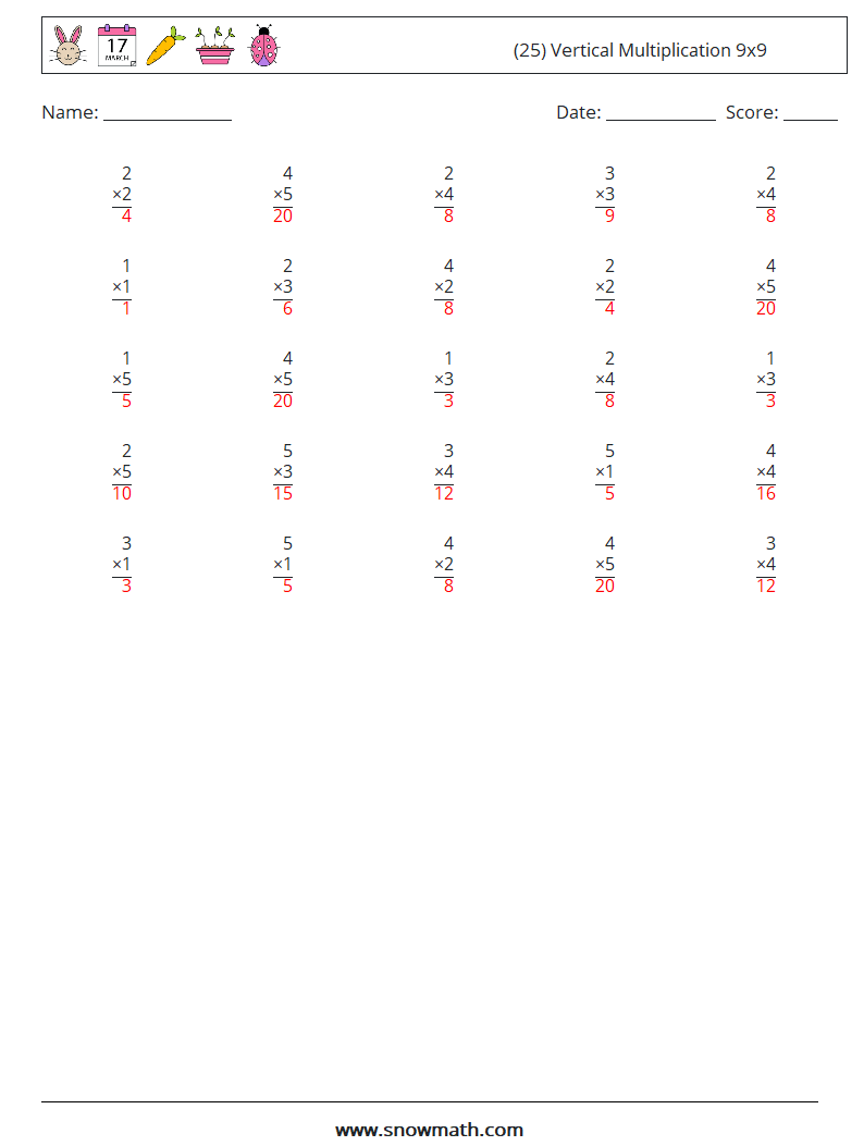 (25) Vertical Multiplication 9x9 Maths Worksheets 5 Question, Answer