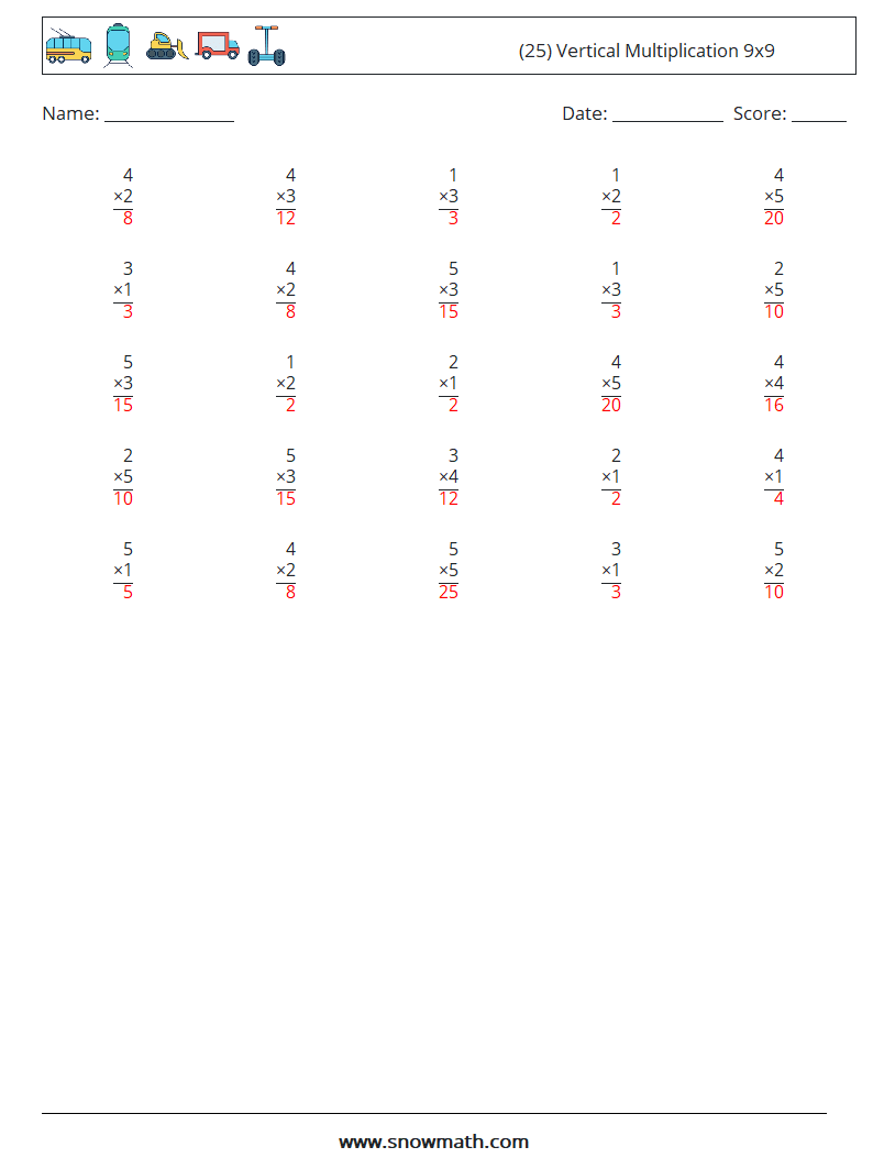 (25) Vertical Multiplication 9x9 Maths Worksheets 6 Question, Answer