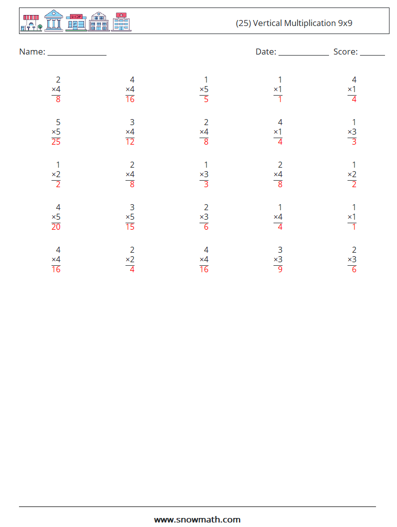 (25) Vertical Multiplication 9x9 Maths Worksheets 7 Question, Answer