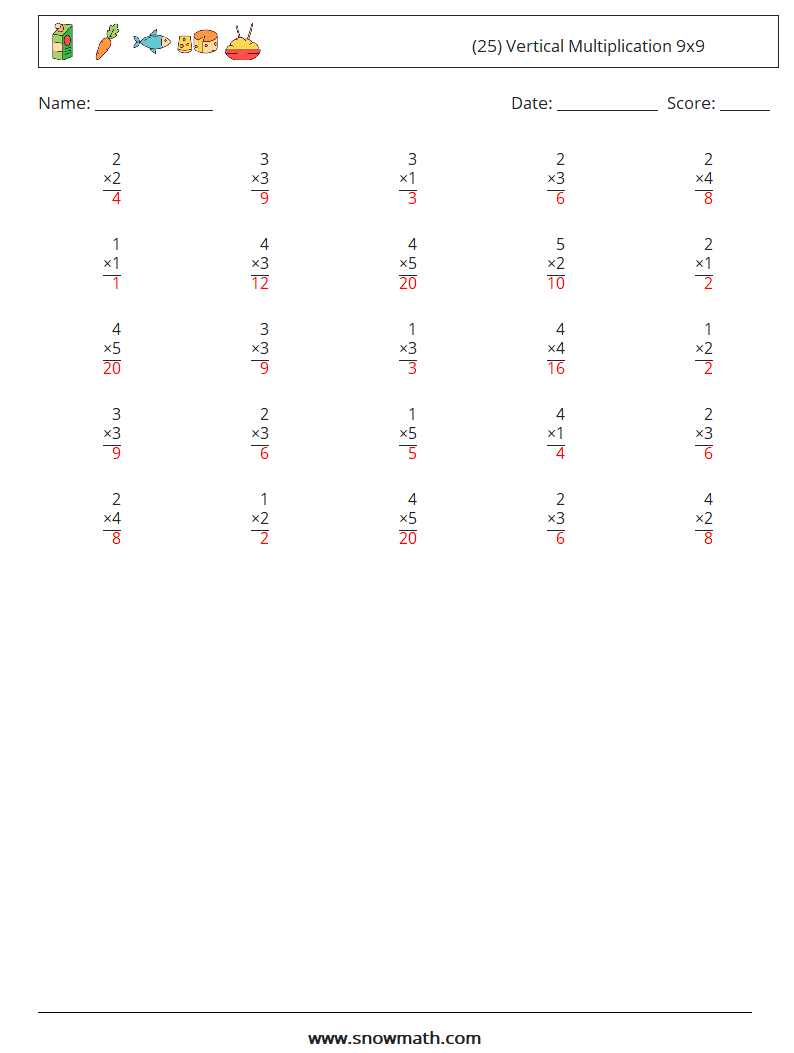 (25) Vertical Multiplication 9x9 Maths Worksheets 9 Question, Answer