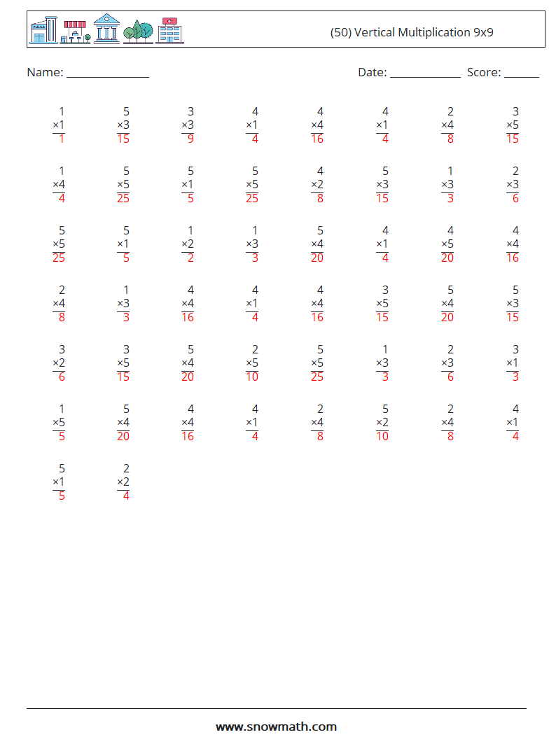 (50) Vertical Multiplication 9x9 Maths Worksheets 1 Question, Answer