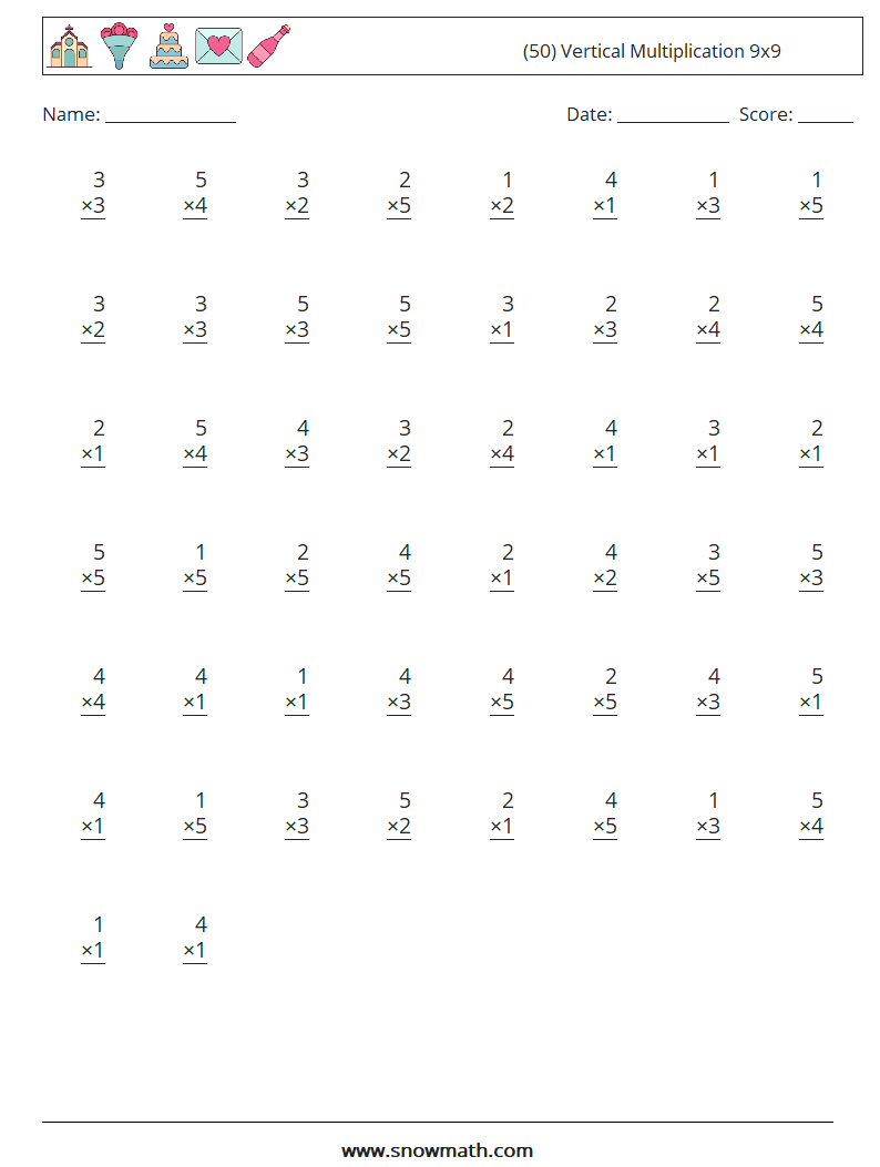 (50) Vertical Multiplication 9x9 Maths Worksheets 2