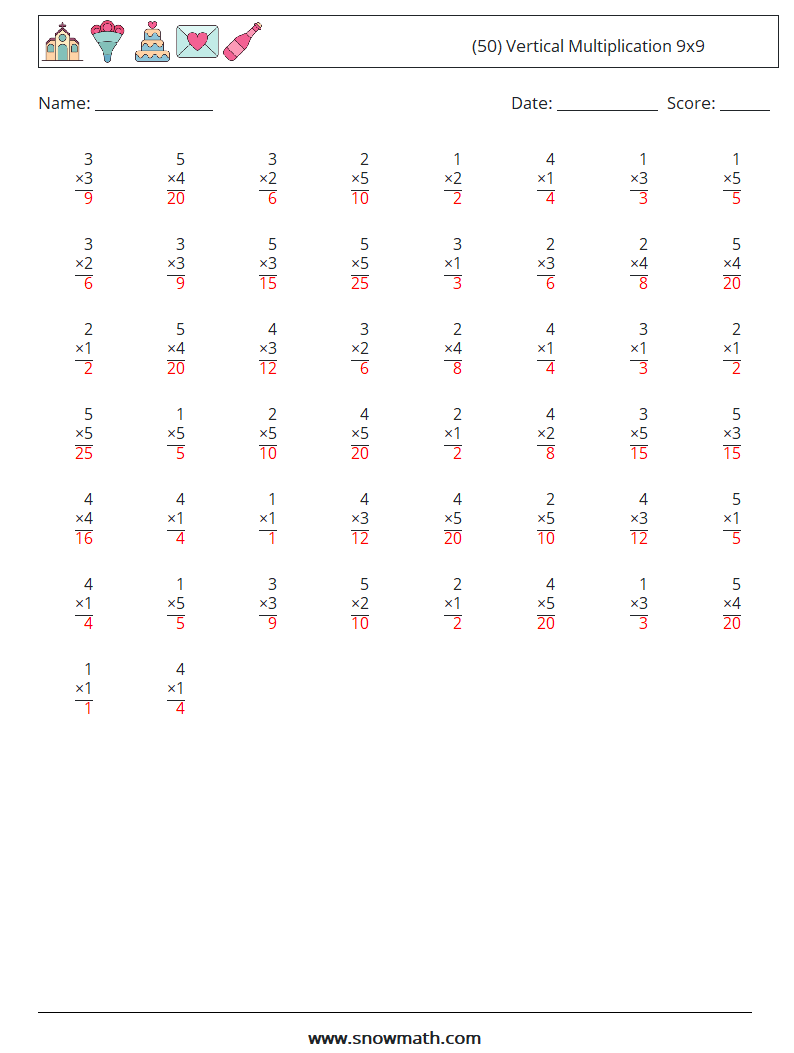 (50) Vertical Multiplication 9x9 Maths Worksheets 2 Question, Answer