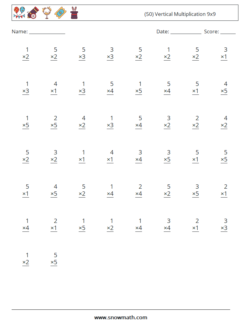 (50) Vertical Multiplication 9x9 Maths Worksheets 3