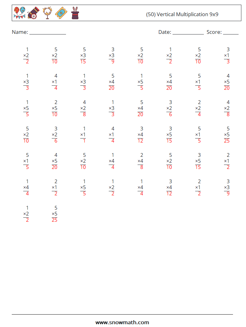 (50) Vertical Multiplication 9x9 Maths Worksheets 3 Question, Answer