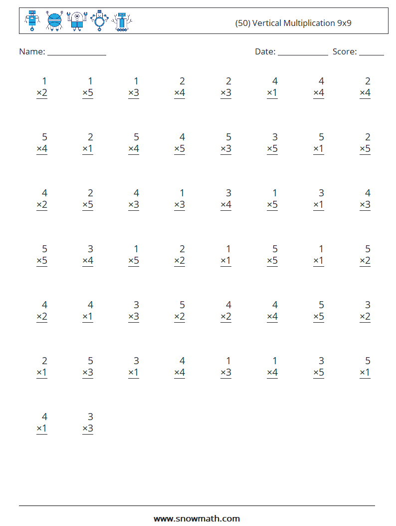 (50) Vertical Multiplication 9x9 Maths Worksheets 5