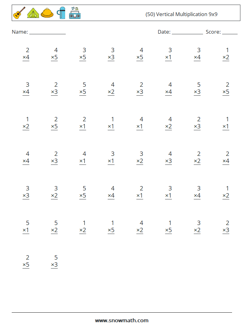 (50) Vertical Multiplication 9x9 Maths Worksheets 6