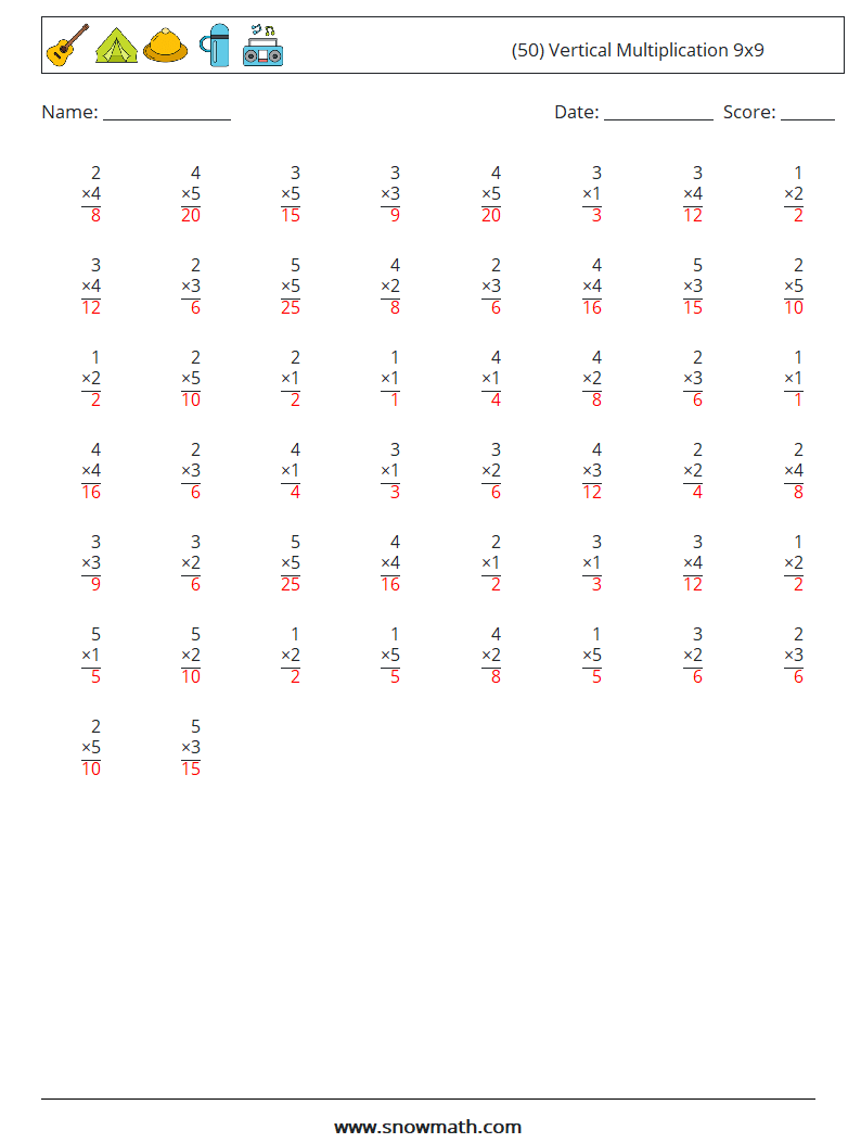 (50) Vertical Multiplication 9x9 Maths Worksheets 6 Question, Answer