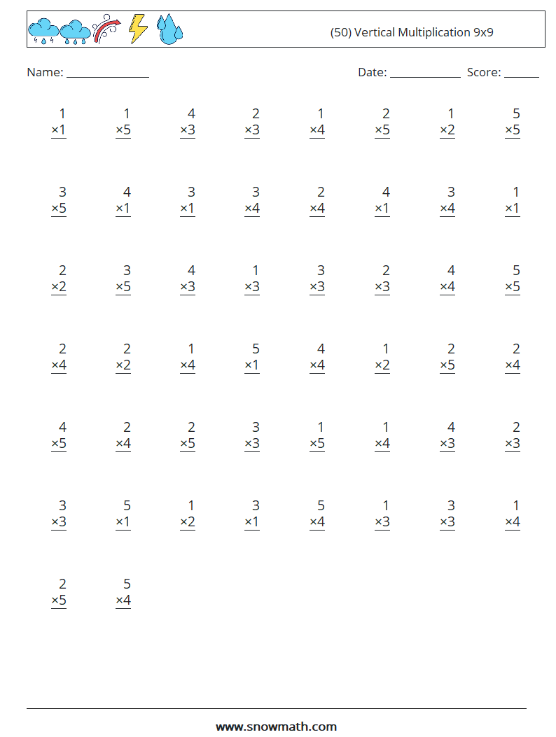 (50) Vertical Multiplication 9x9 Maths Worksheets 7