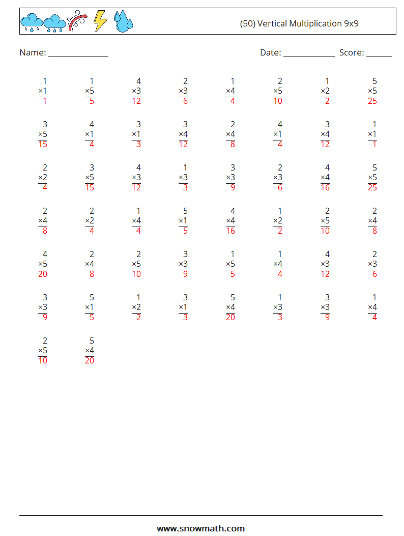 (50) Vertical Multiplication 9x9 Maths Worksheets 7 Question, Answer