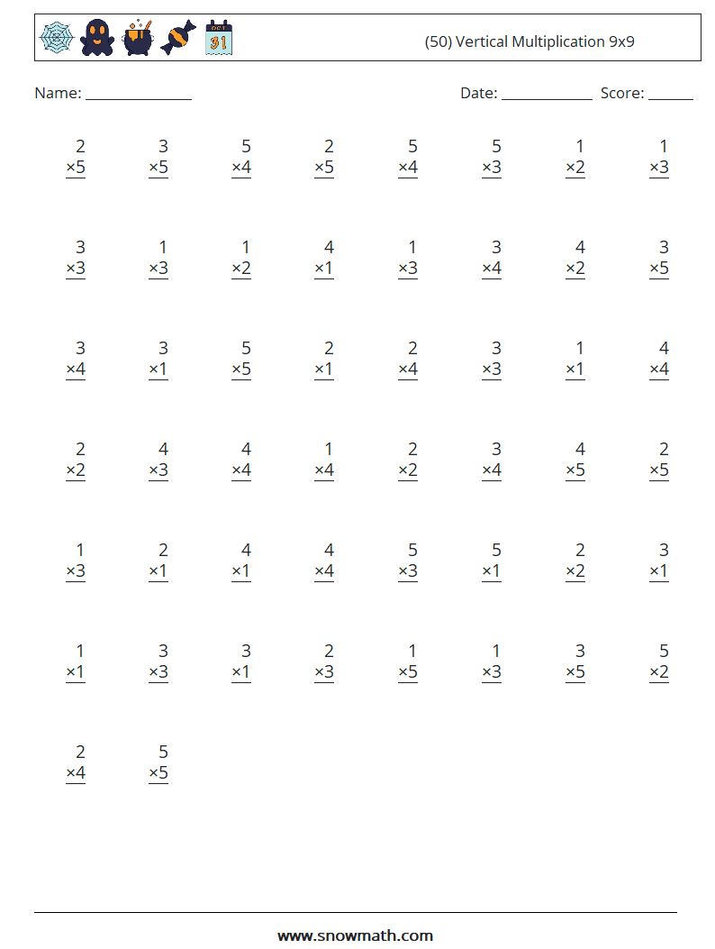 (50) Vertical Multiplication 9x9 Maths Worksheets 8
