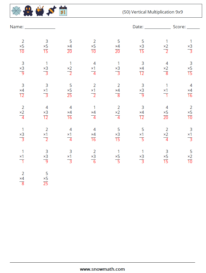 (50) Vertical Multiplication 9x9 Maths Worksheets 8 Question, Answer