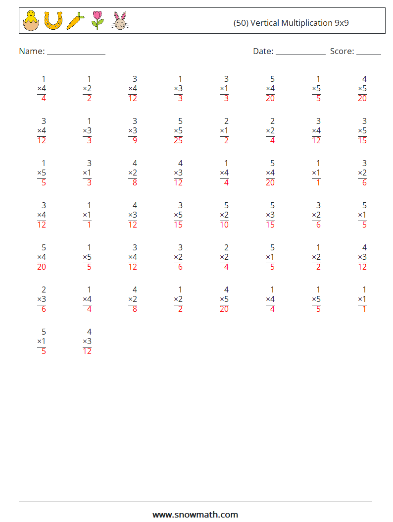 (50) Vertical Multiplication 9x9 Maths Worksheets 9 Question, Answer